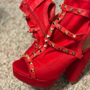 Red and Gold Studded Block Heel Shoes
